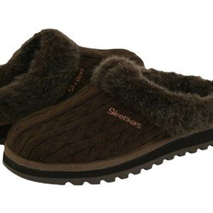 SKECHERS KEEPSAKES POSTAGE CHOCOLATE BROWN SLIPPERS SLIP-ON MULE FAUX FUR KNIT 7